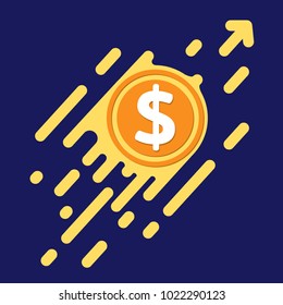 Dollar symbol in flat design for internet money. Symbol coin currency quickly move up. Bright Vector illustration on a dark purple background.