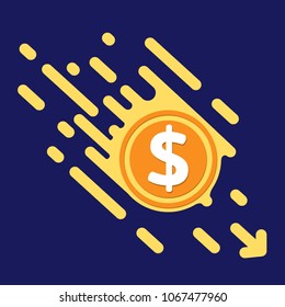 Dollar symbol in flat design for internet money. Symbol coin currency quickly quickly fall down. Bright Vector illustration on a dark purple background.