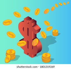 Dollar symbol and flying coins.Concept of business activity and financial investments.Isometric vector illustration.