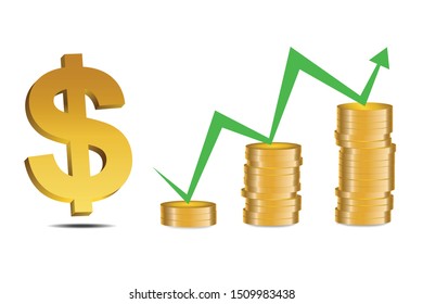 Dollar symbol in front of gold coins stack - illustration, vector.