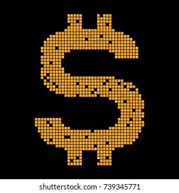 Dollar symbol of the golden  pixels on a black background. Currency icon.