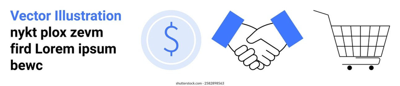 Dollar symbol, handshake, and shopping cart symbolize business, finance, partnership and shopping. Ideal for e-commerce, finance, marketing, partnership, negotiation. Banner for landing page