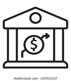 Dollar symbol inside building with directing arrow that is showing bank building and its operations 