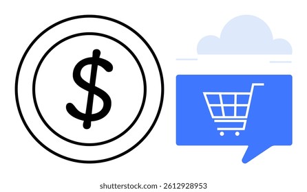 Dollar symbol inside a circular frame next to a blue shopping cart icon within a chat bubble under a cloud. Ideal for e-commerce, online payment, digital retail, cloud services, financial tech, web