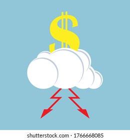 Símbolo de dólar con un rayo en una nube eléctrica sobre fondo azul del cielo. Ilustración vectorial.
