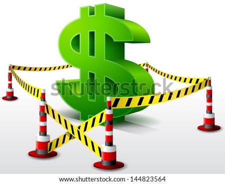 Dollar symbol located in restricted area. Dangerous money sign surrounded barrier tape. Qualitative vector (EPS-10) illustration for banking, financial industry, economy, accounting, etc.