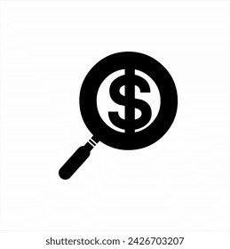 Diseño del logotipo del símbolo del dólar con ilustración de lupa.