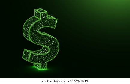 Dollar symbol low poly design, currency of american in polygonal style, finance, money sign wire frame vector illustration made from points and lines on dark green background