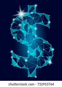 Dollar symbol low poly design. USA currency sign polygonal triangle connected dot line. Blue glowing icon vector illustration art