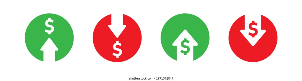 Dollar Up Symbol. Money Down Icon Set. Prise Low Arrow Sign In Vector Flat Style.