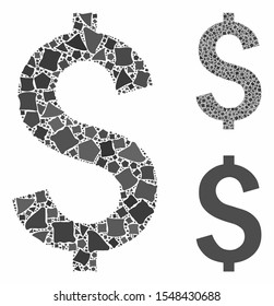 Dollar symbol mosaic of irregular items in different sizes and color tones, based on dollar symbol icon. Vector joggly items are united into mosaic. Dollar symbol icons collage with dotted pattern.