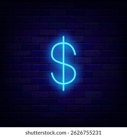 Dollar symbol neon sign. USA money. Economy icon. Finance accumulation. Vector stock illustration