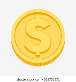 Dollar symbol on gold coin, money sign vector illustration on white background 