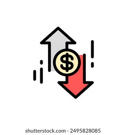 Dollar symbol on upside and downside icon.Solid and line color vector icon