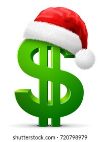 Dollar symbol in red Santa Claus hat. Christmas head wear is put on money sign