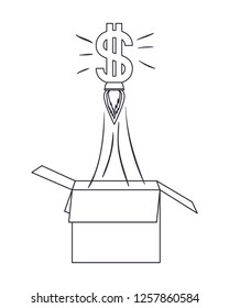 dollar symbol rocket coming out of the box