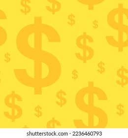 Dollar symbol seamless pattern. Cash icons, money graphic ornament. Decoration paper or wallpaper. Salary time. Banking or commerce. Finance or investment flat vector illustration on gold background