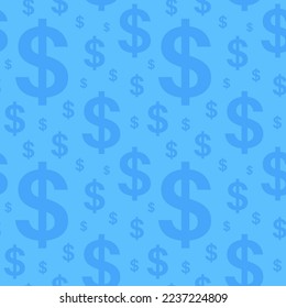 Símbolo del dólar sin fisuras. Iconos de caja, adorno gráfico de dinero. Papel de decoración o papel pintado. Tiempo de sueldo. Banca o comercio. Ilustración del vector plano de financiación o inversión sobre fondo azul