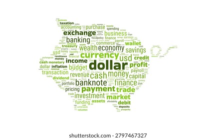 Dollar symbol shaped word cloud representing finance, currency exchange and economic activity.