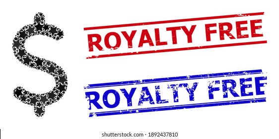 Dollar symbol star mosaic and grunge Royalty Free seals. Red and blue stamps with grunge style and Royalty Free slogan. Abstract dollar symbol mosaic is organized with randomized flat star elements.