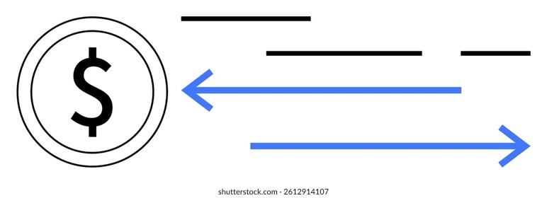 Dollar symbol surrounded by black lines and blue directional arrows. Ideal for finance-related presentations, economic studies, business analytics, investment guides, financial reports, banking