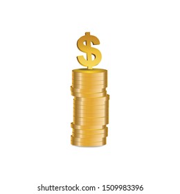 Dollar symbol at the top of Gold coins stack -  illustration, vector.