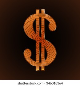 Dollar symbol with tree texture. For forestry. Isolated vector illustration. 
