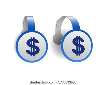 símbolo de dólar con dos líneas verticales en los wobblers publicitarios azules. Ilustración del signo de la moneda del cifrano en la etiqueta del cartel. Símbolo de unidad monetaria.