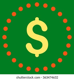 Dollar Symbol vector icon. Style is bicolor flat circled symbol, orange and yellow colors, rounded angles, green background.