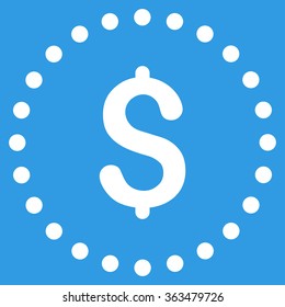 Dollar Symbol vector icon. Style is flat circled symbol, white color, rounded angles, blue background.