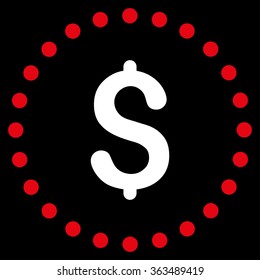 Dollar Symbol vector icon. Style is bicolor flat circled symbol, red and white colors, rounded angles, black background.