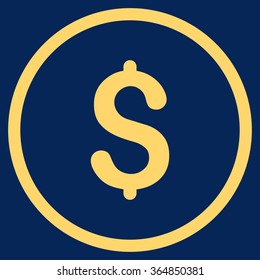 Dollar Symbol vector icon. Style is flat circled symbol, yellow color, rounded angles, blue background.