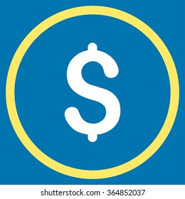 Dollar Symbol vector icon. Style is bicolor flat circled symbol, yellow and white colors, rounded angles, blue background.