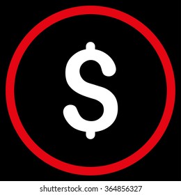 Dollar Symbol vector icon. Style is bicolor flat circled symbol, red and white colors, rounded angles, black background.