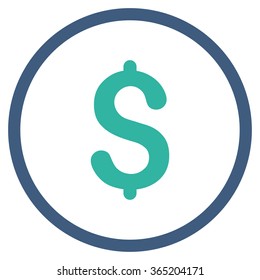 Dollar Symbol vector icon. Style is bicolor flat circled symbol, cobalt and cyan colors, rounded angles, white background.