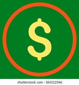 Dollar Symbol vector icon. Style is bicolor flat circled symbol, orange and yellow colors, rounded angles, green background.