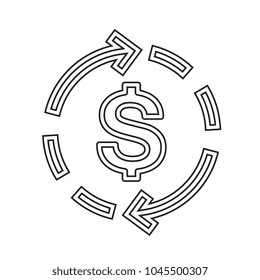 Dollar symbol vector line icon isolated on white background. Two arrows circulate around dollar sign line icon for infographic, website or app. Money and currency exchange concept.