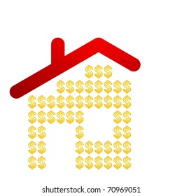 Dollar symbols under home roof, isolated on white