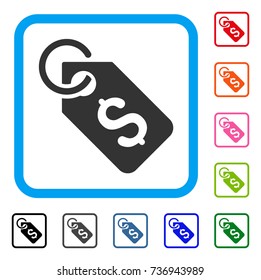 Dollar Tag icon. Flat grey pictogram symbol inside a light blue rounded rectangular frame. Black, gray, green, blue, red, orange color additional versions of Dollar Tag vector.