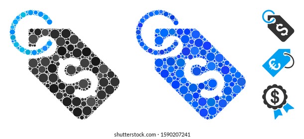 Dollar tag mosaic of filled circles in different sizes and color tones, based on dollar tag icon. Vector random circles are organized into blue mosaic.