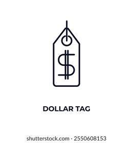 ícone da estrutura de tópicos da tag de dólar. Vetor linear do conceito de criptomoeda. Ícone de marca de cifrão de linha fina isolado no plano de fundo branco