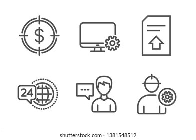 Dollar target, 24h service and Person talk icons simple set. Monitor settings, Upload file and Engineer signs. Aim with usd, Call support. Business set. Line dollar target icon. Editable stroke