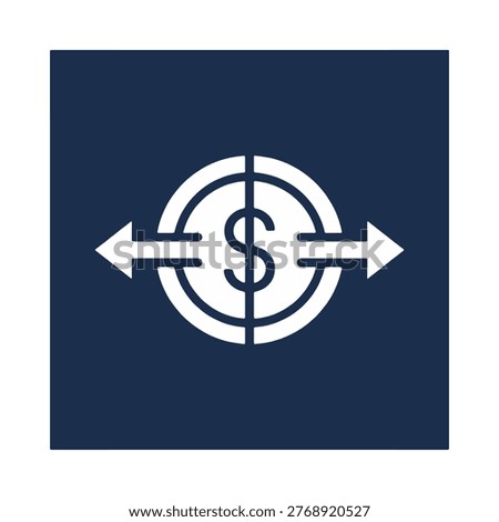 dollar target crosshair with bidirectional arrows icon representing divided funds allocation distribution financial targeting strategy budget planning splitting on navy blue square background