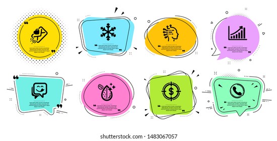 Dollar target, Graph chart and Love letter line icons set. Chat bubbles with quotes. Call center, Yummy smile and Snowflake signs. Dirty water, Artificial intelligence symbols. Vector