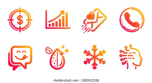 Dollar target, Graph chart and Love letter line icons set. Call center, Yummy smile and Snowflake signs. Dirty water, Artificial intelligence symbols. Aim with usd, Growth report. Vector