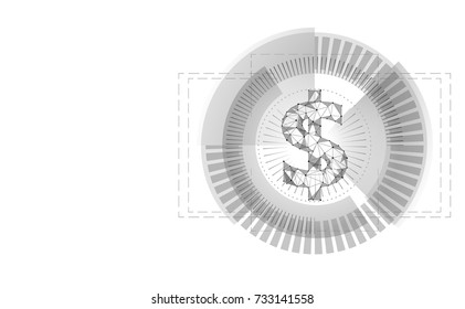 Dollar target HUD graph interface display. American currency symbol low poly geometric white gray icon user money hunting concept vector illustration art