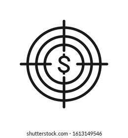 Dólar en el icono de destino. Contorno al dólar en el icono del vector de destino para el diseño web aislado en fondo blanco