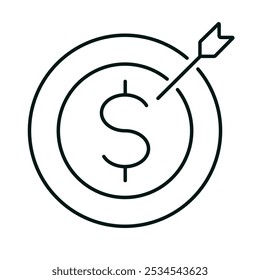 Dollar target icon for web, website or mobile app. Finance, business strategy, financial goals, money or investment concept. Line logo on white background. Editable vector stroke. Pixel Perfect.