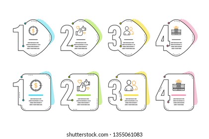 Dollar target, Like and Users icons simple set. Hospital building sign. Aim with usd, Thumbs up, Couple of people. Medical help. Business set. Infographic timeline. Line dollar target icon. Vector