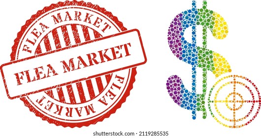 Dollar target mosaic icon of round items in different sizes and rainbow colored color hues. Red round distress seal with Flea Market text. A dotted LGBT- colored dollar target for lesbians, gays,